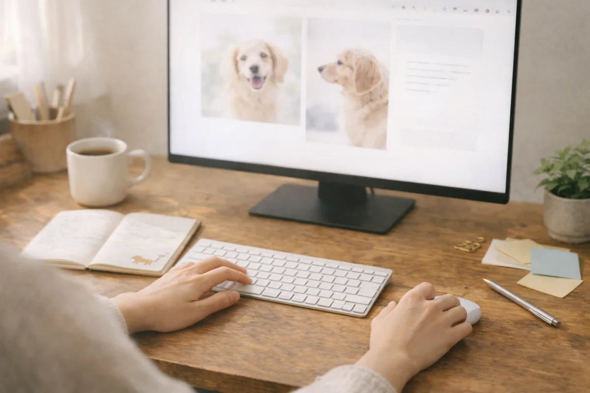 デスクトップPCで犬のコンテンツを制作している作業デスク
