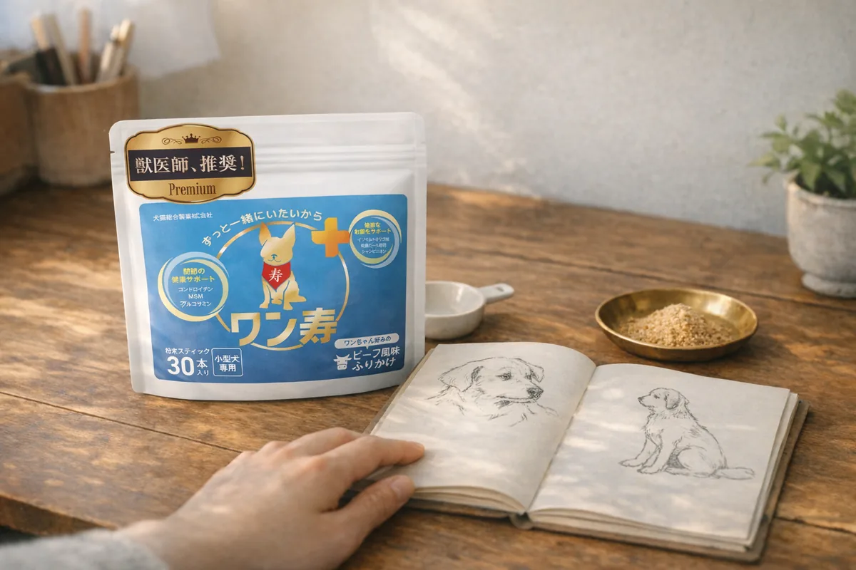 ワン寿のパッケージと、犬のスケッチが描かれた手書きノート