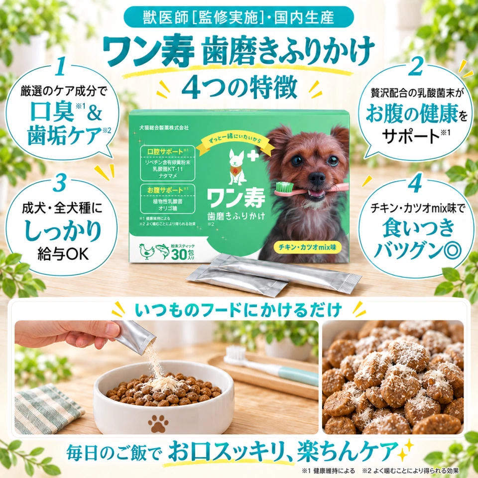4つの特徴と、いつものフードに個包装のふりかけをかける使い方。毎日のご飯でお口スッキリ、楽ちんケア。