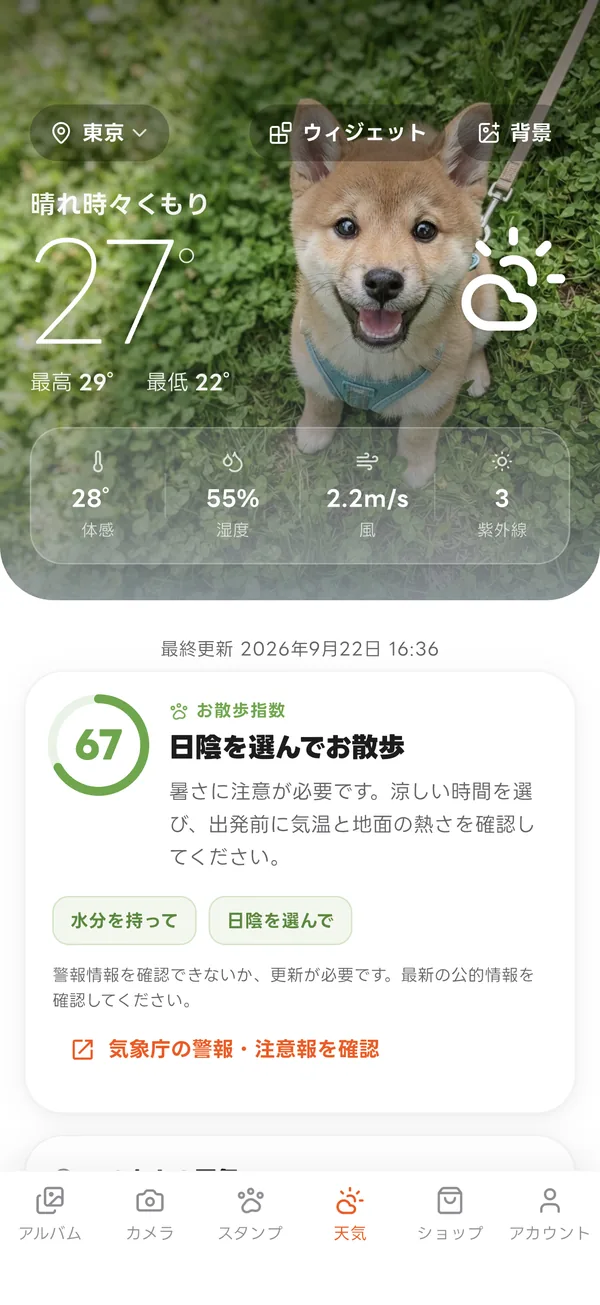 柴犬の写真を背景にした天気とお散歩指数の画面